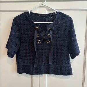 Zara Navy Eyelet Lace-Up Short Sleeve Blouse